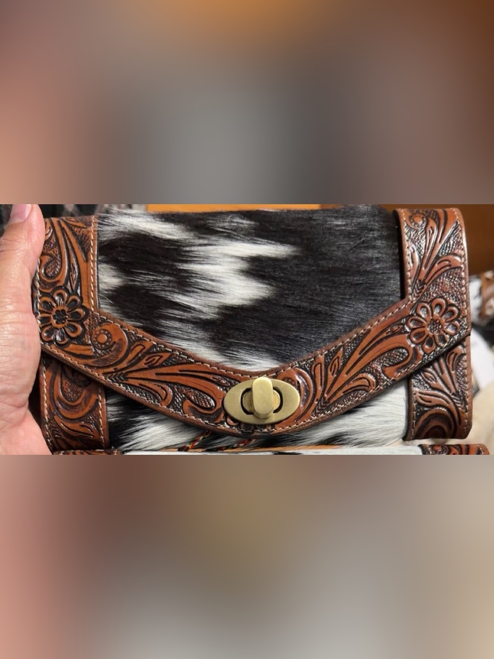 NWT Myra Waller Brown Tooled Leather & Black/White Hair-On Cowhide